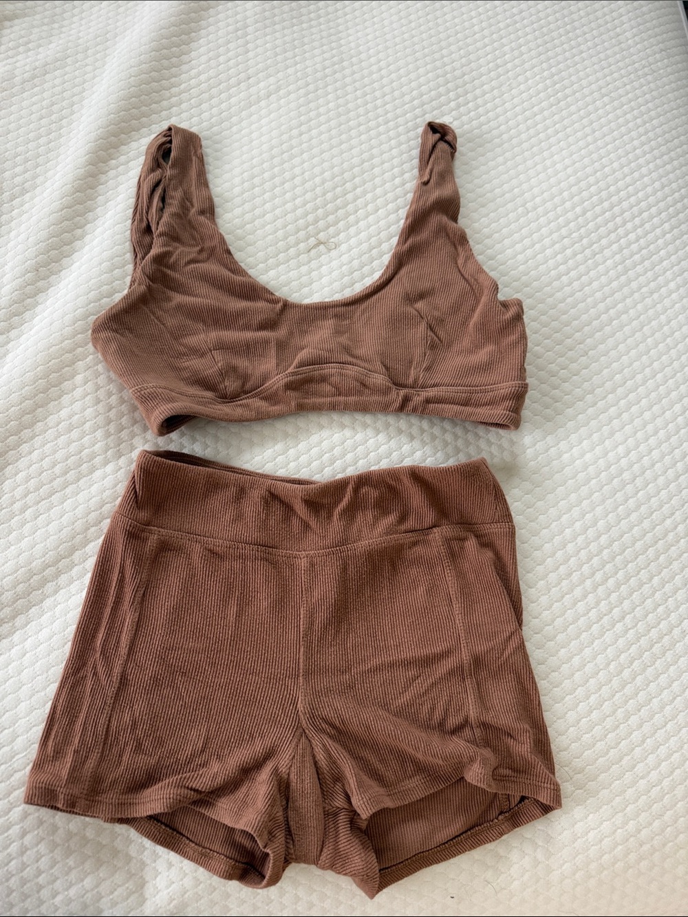 FP Movement by Free People Ribbed Brown Lounge Sports Bra & Shorts Set
